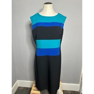 Christin Michaels Colorblock Turquoise Blue Black Sleeveless Sheath Dress 12